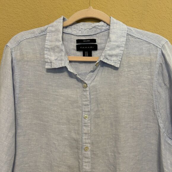 Tahari 100% Linen Button Up Tunic Top Womens 1X Blue Roll Tab Sleeve Coastal - Picture 4 of 7